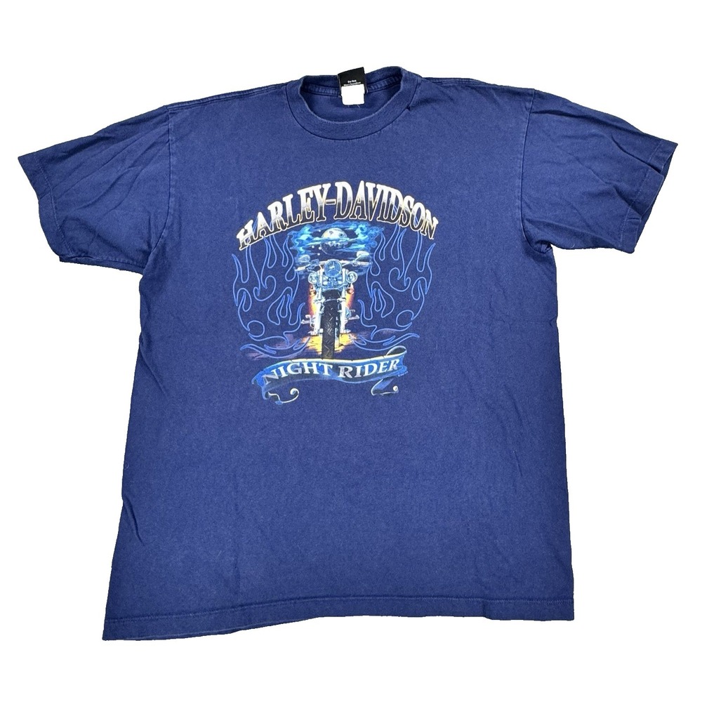 Harley Davidson T-Shirt Mens L Blue "Night Rider" St Paul MN Motor Cycle Moon